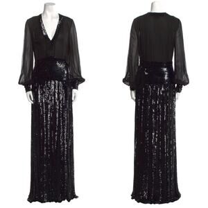 Temperley London V-neck Long Sleeve Black Sequin Evening Gown Maxi Dress Size 12